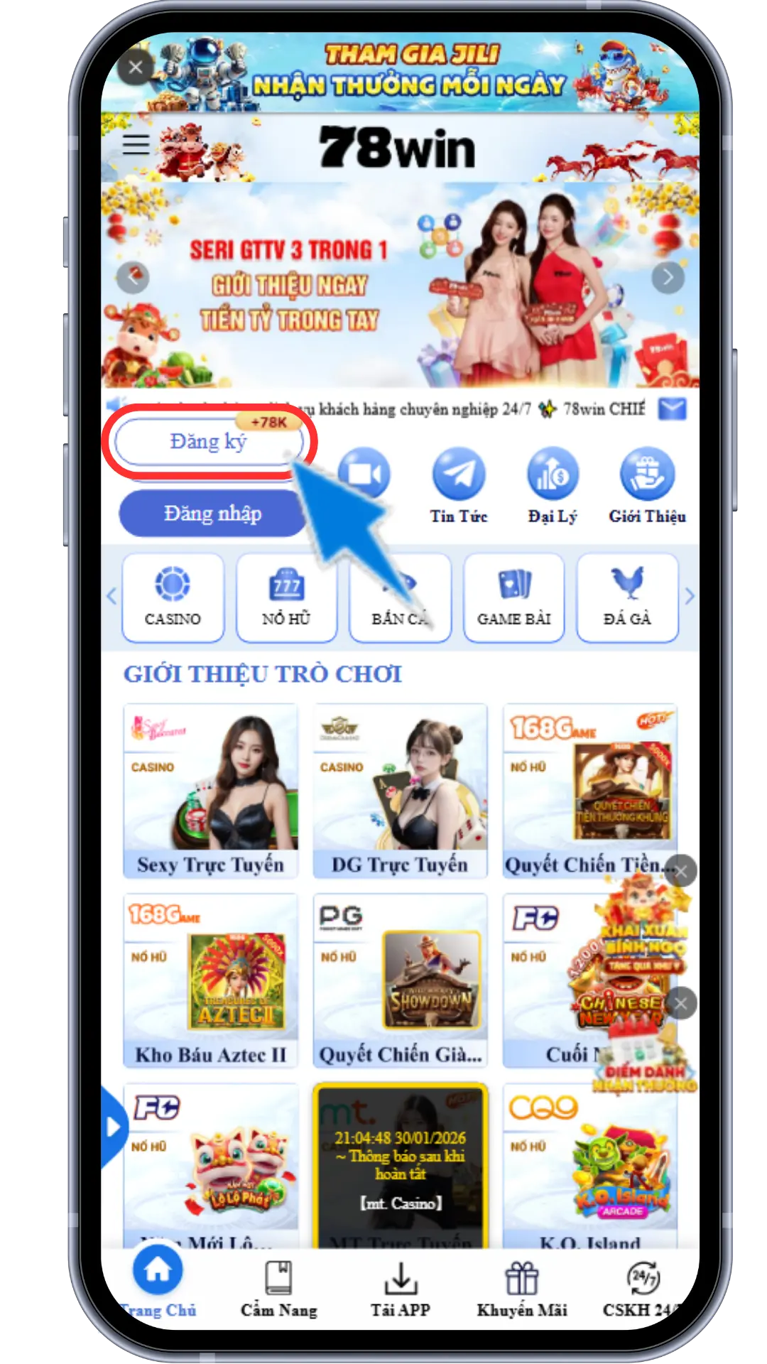 Bước 1: Tại trang chủ 78win , ấn chọn "Đăng Ký"